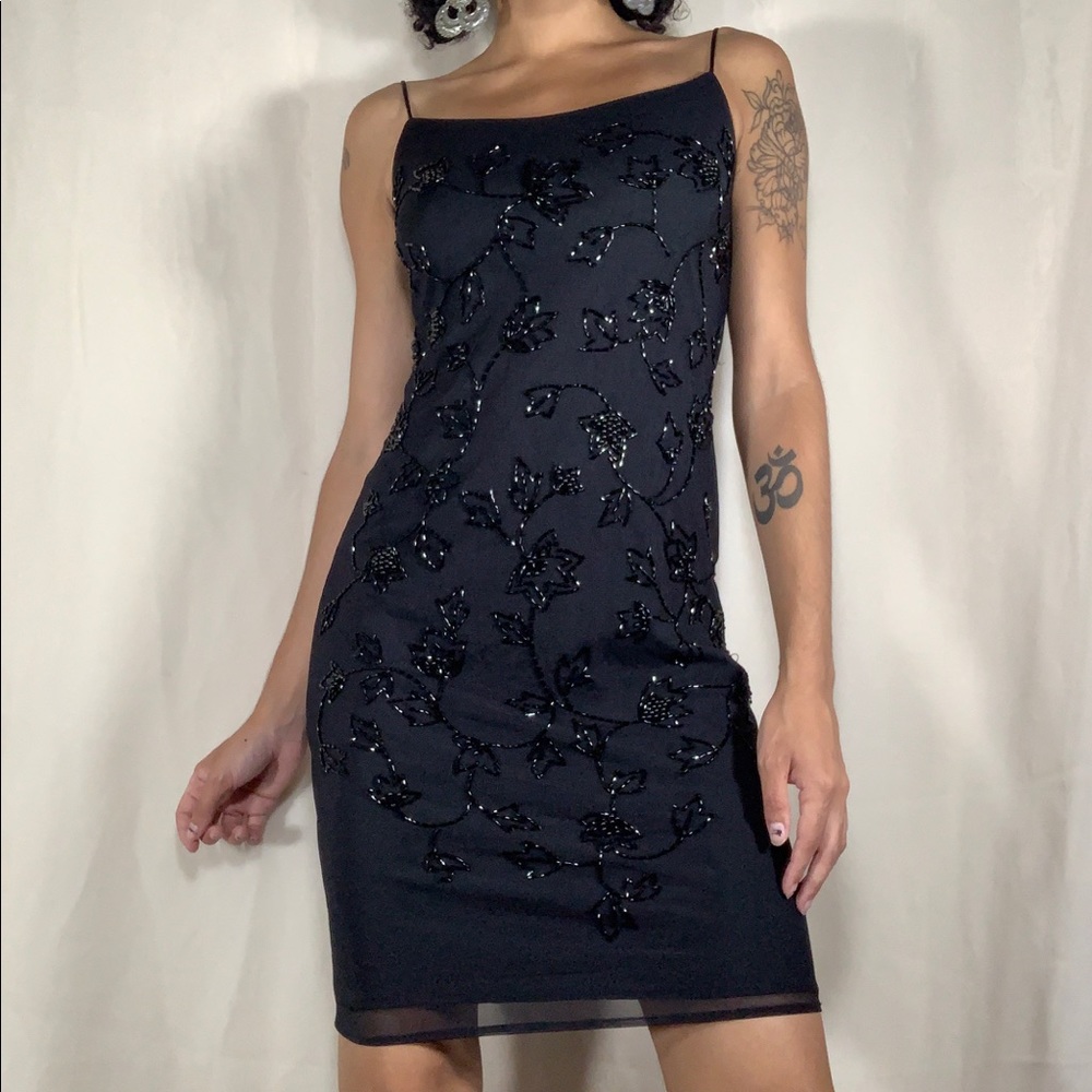 Vintage Beaded 90s Matte Black Dress